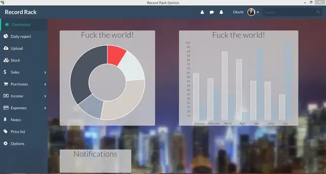 Record Rack Epsilon application with charts and full sidebar displayed