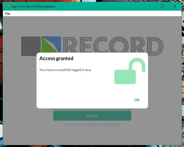 Login screen for Record Rack Epsilon with access granted message instead of dialog