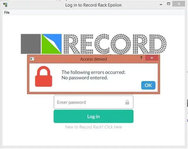 Login screen for Record Rack Epsilon with access denied dialog
