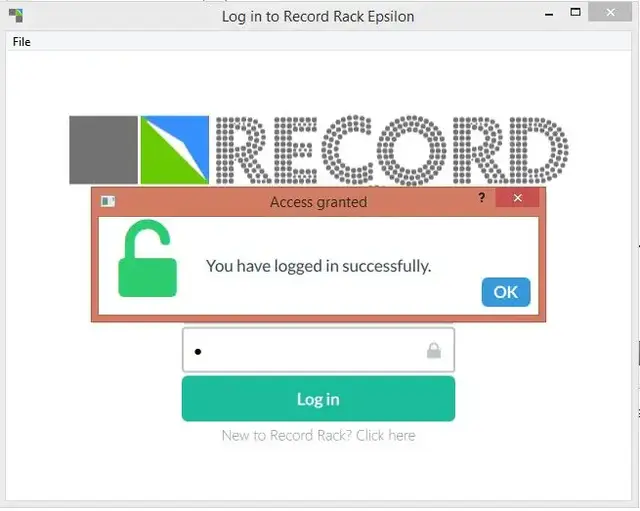 Login screen for Record Rack Epsilon with access granted dialog