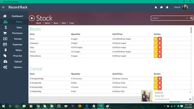 Stock page with the fully extended sidebar in Record Rack Epsilon