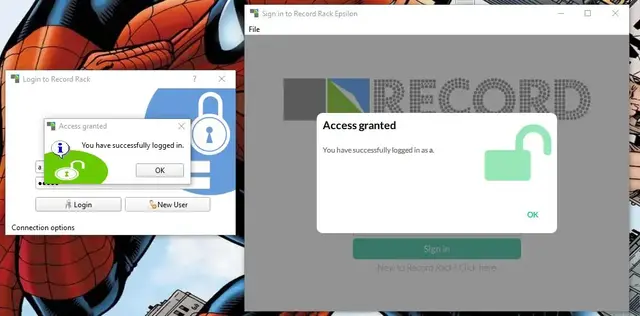 Login screen with access granted message of both old version and new version placed side by side