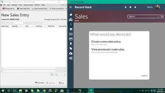 "New Sales Entry" page of both old and new version placed side by side, the new version showing a prompt