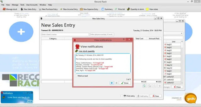 The Record Rack application showing items low in stock in red