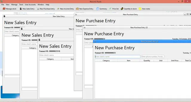 Multiple sale and purchase windows open in the Record Rack application