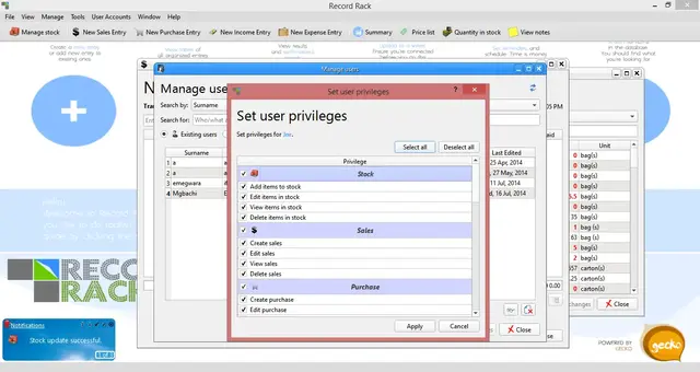 The new "User Privileges" window in the Record Rack application