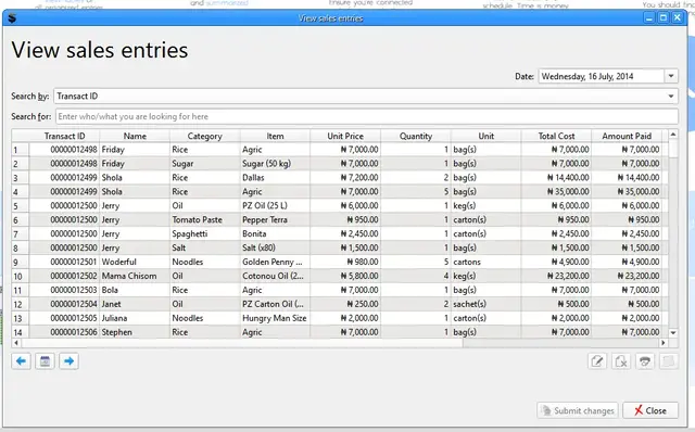 The Record Rack application showing all sale entries made for the day